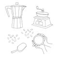 Coffe hand drawn monochrome set. Geyser coffee maker, manual coffee grinder, coffee scoop cup of coffee